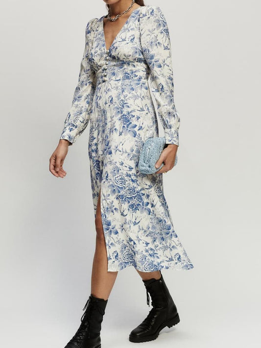 Floral Print Front Row Buttons Sexy Slit Long Sleeve V-neck Dress