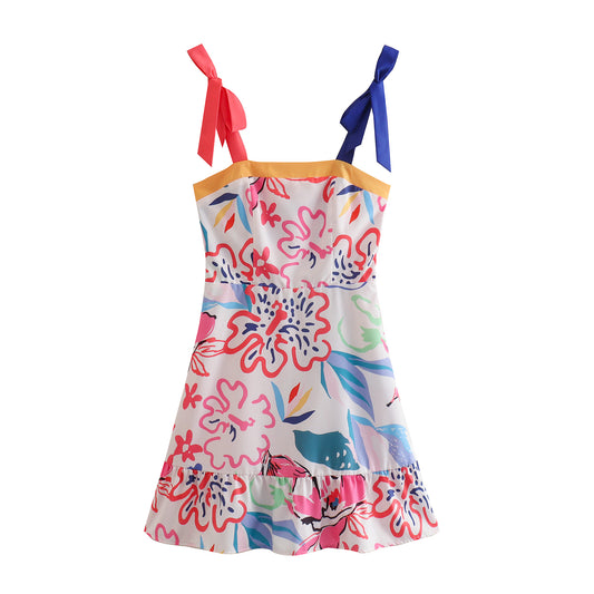 Vestido camisero con estampado Multicolor Retro romántico con tirantes y lazo, vestido veraniego de primavera y verano con espalda descubierta y tirantes de hoja de loto