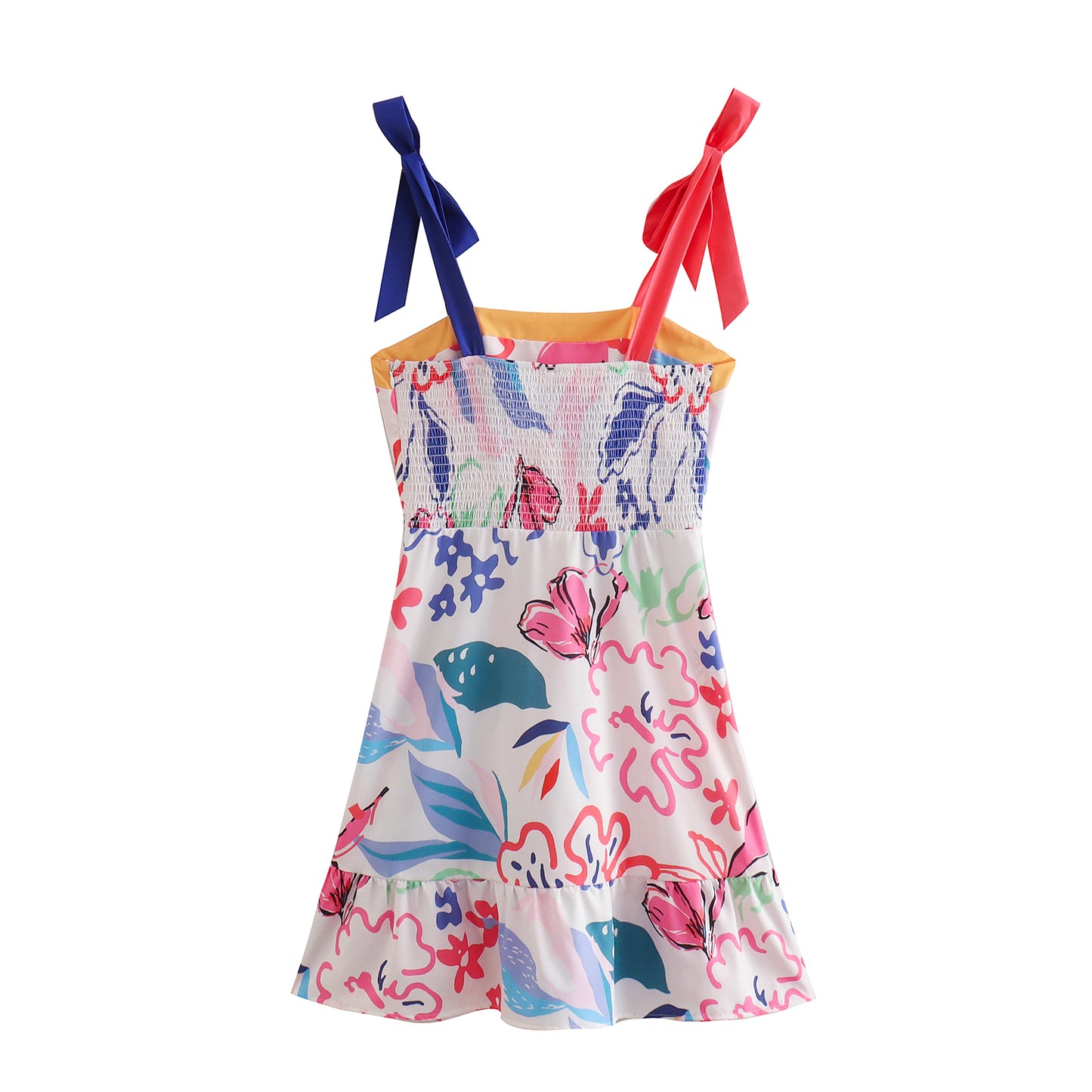 Tie Strap Romantic Retro Multicolor Printing Cami Dress Spring Summer Dress Backless Lotus Leaf Sundress Tie Strap