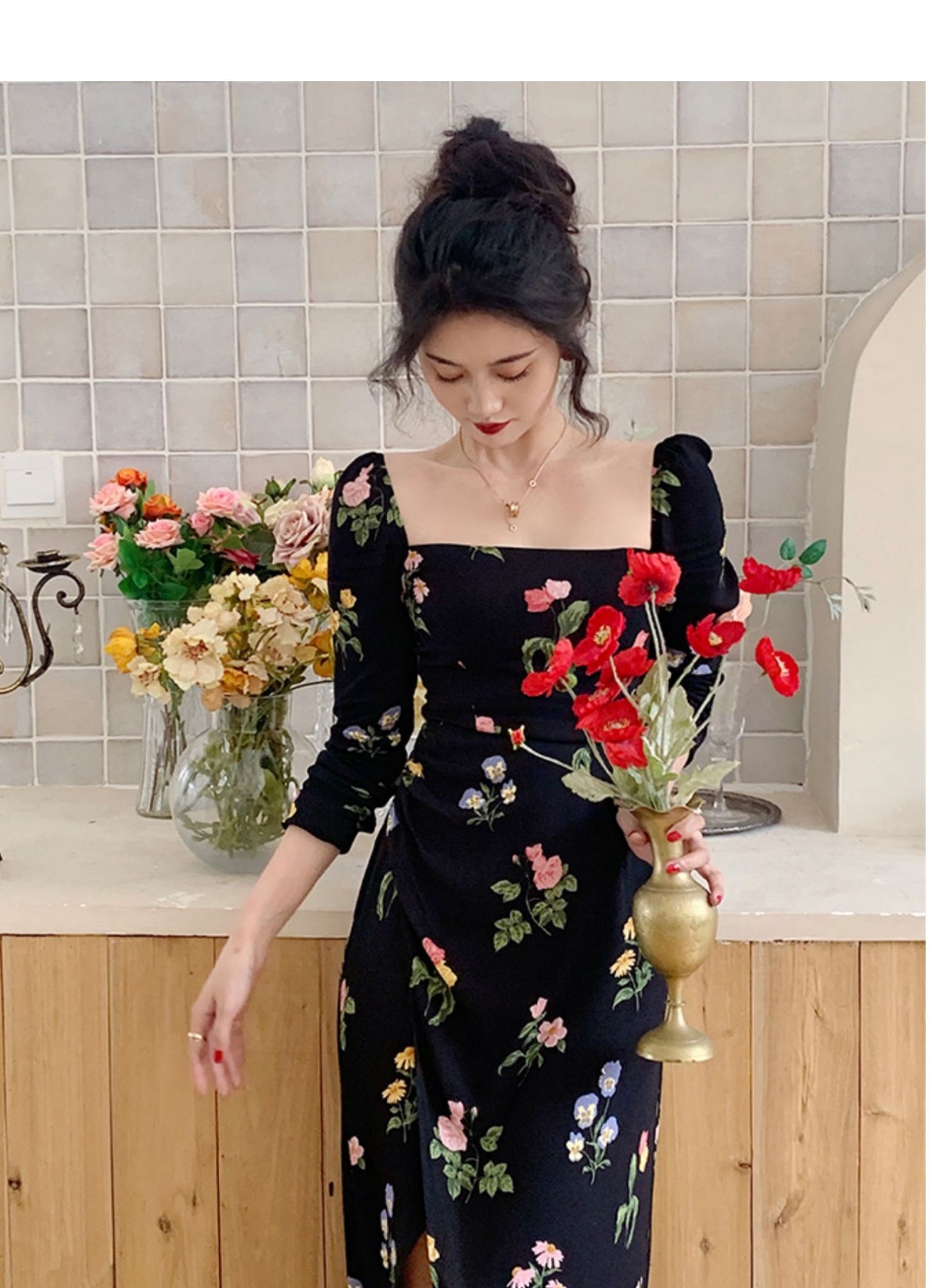 Black Floral Retro Fashion Dress