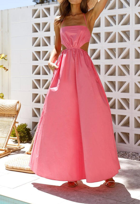 Ropa de mujer, vestido Maxi de oficina, Color sólido, cintura alta, vestido rojo sandía, tipo Halter, pecho envuelto, vestido de verano con vuelo grande