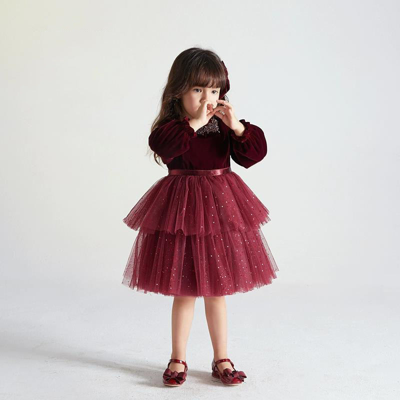 Robe à la mode pour petite fille en velours à manches longues européenne et américaine