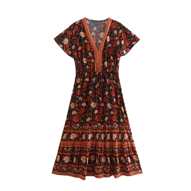 Summer Positioning Printed Dress V-neck Lace-up Waist Trimming Short-Sleeved Dress Women Dress