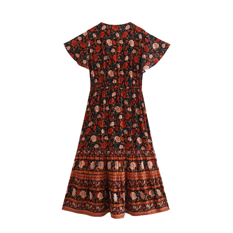 Summer Positioning Printed Dress V-neck Lace-up Waist Trimming Short-Sleeved Dress Women Dress