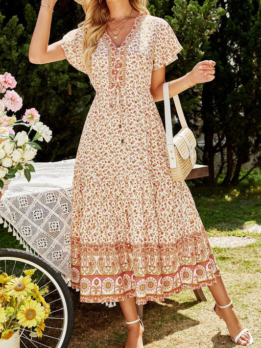 Robe à manches courtes et col en V à imprimé floral pour femme, tenue de printemps