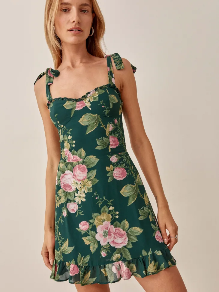 Vestido de verano para mujer, con cordones, estampado floral, orejas de madera, corte A, corto, con tirantes para atar