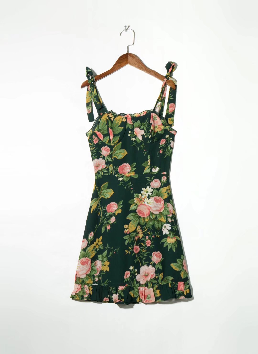 Vestido de verano para mujer, con cordones, estampado floral, orejas de madera, corte A, corto, con tirantes para atar