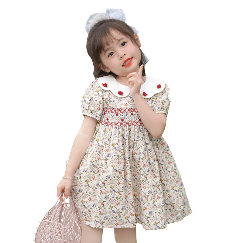 Robe d'été pour filles, tenue de princesse brodée à la main, col de poupée, vêtements floraux pour enfants, en coton, nouvelle collection