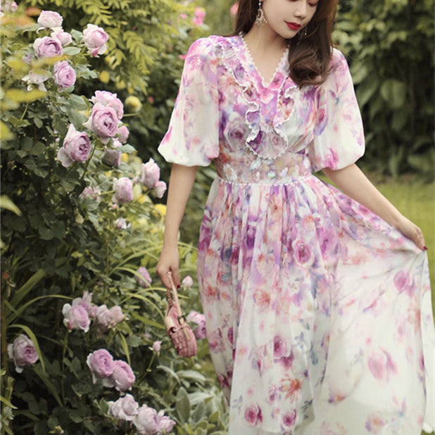 Robe d'été pour femmes, impression de perles, industrie lourde française, taille, col en V