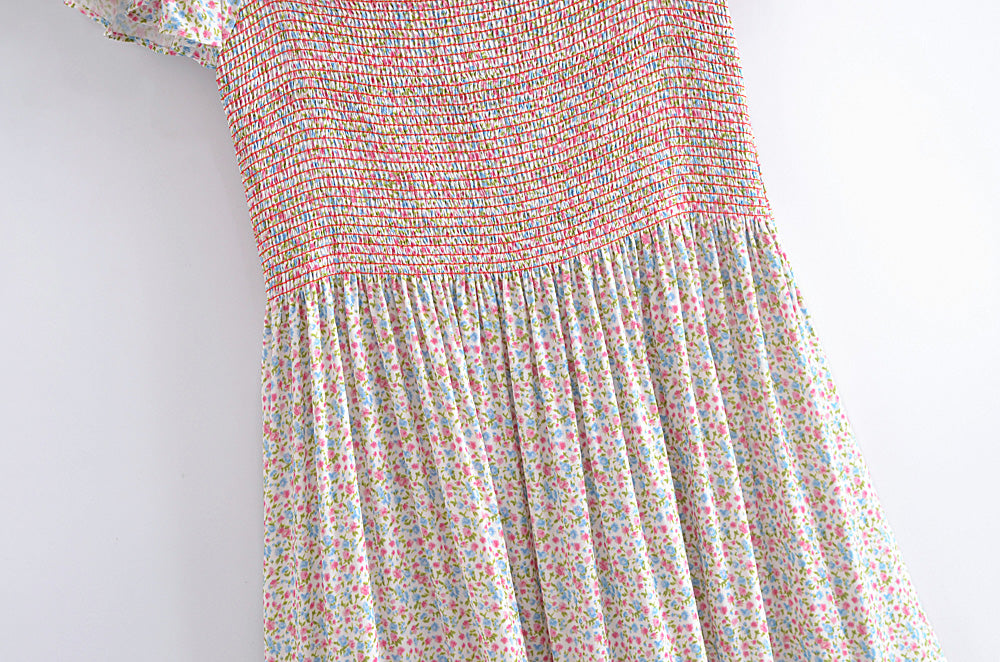 Summer Rayon Small Floral Elastic Big Swing Mid-Length Dress