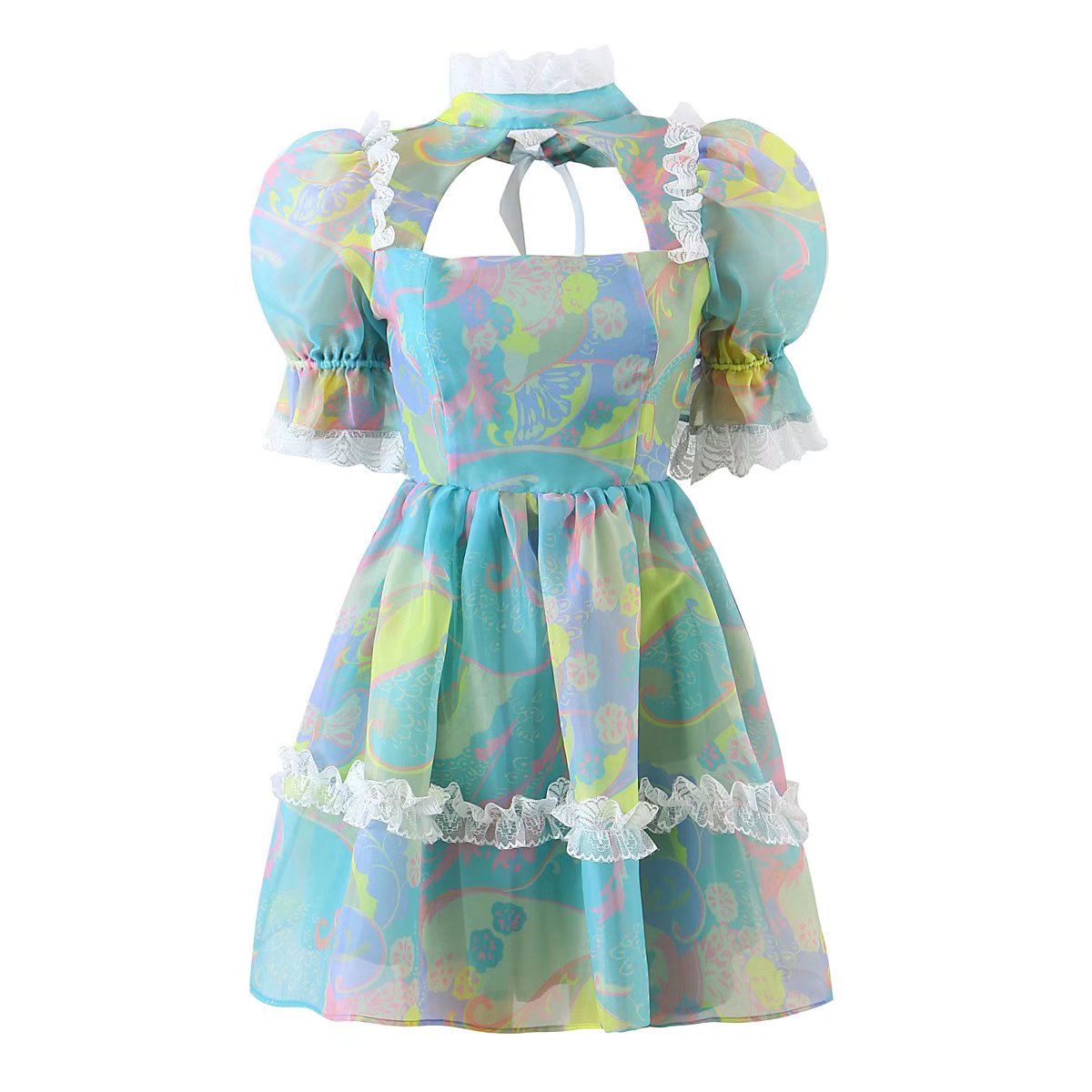 Vestido de princesa de encaje de hongo dulce, vestido de niña con recorte y espalda descubierta, vestido transparente con estampado de anacardo para primavera y verano