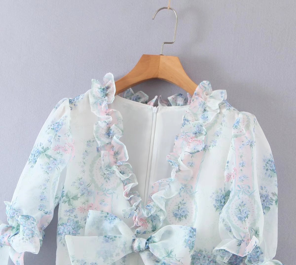 Floral Print Dress Bubble Sleeve Retro Princess Dress Spring Summer Wooden Ear Large Swing Women Dress Sheer