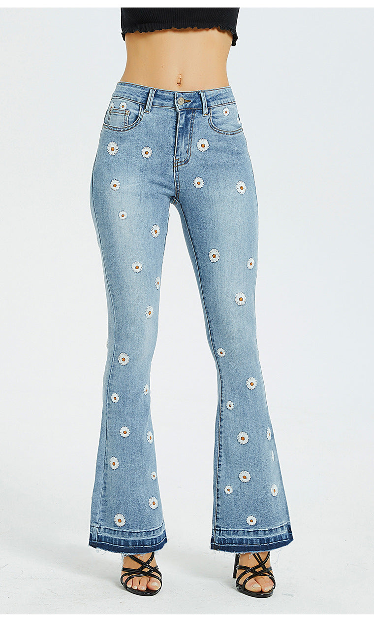 Women Wide Leg Jeans Embroidered Horn Daisy Jeans Women Wide Leg Jeans