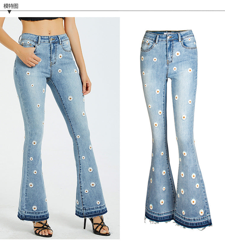 Women Wide Leg Jeans Embroidered Horn Daisy Jeans Women Wide Leg Jeans