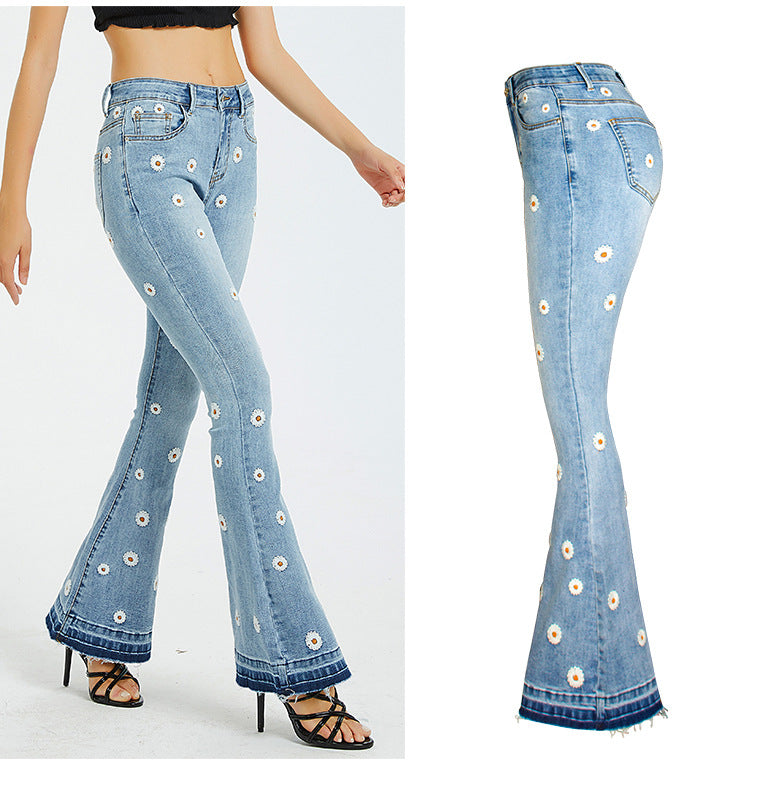 Jeans de pierna ancha para mujer Jeans de margaritas con cuernos bordados Jeans de pierna ancha para mujer