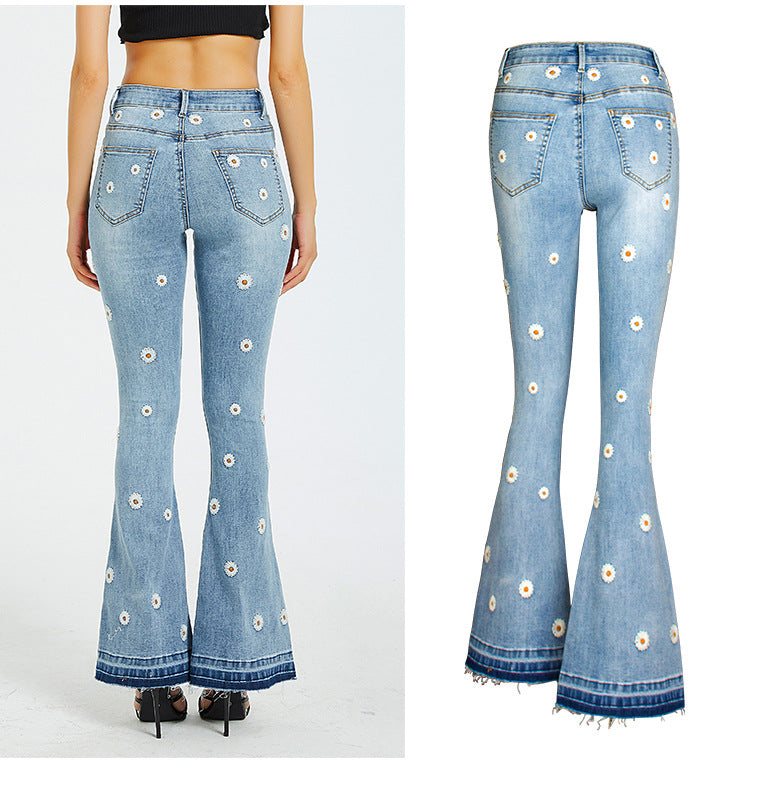 Women Wide Leg Jeans Embroidered Horn Daisy Jeans Women Wide Leg Jeans