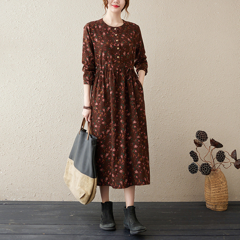 Artistic Vintage Floral Cotton And Linen Long-sleeved Dress