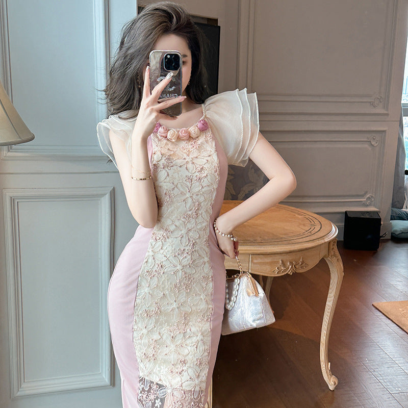 Chic Flower Round Neck Floral Lace Slim Fit Hip Design Dress