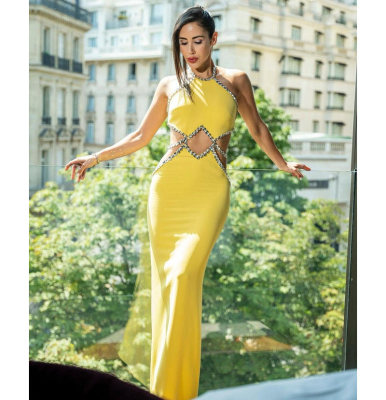 Hollow Rhinestone Edge Hanging Neck Lemon Yellow Dress