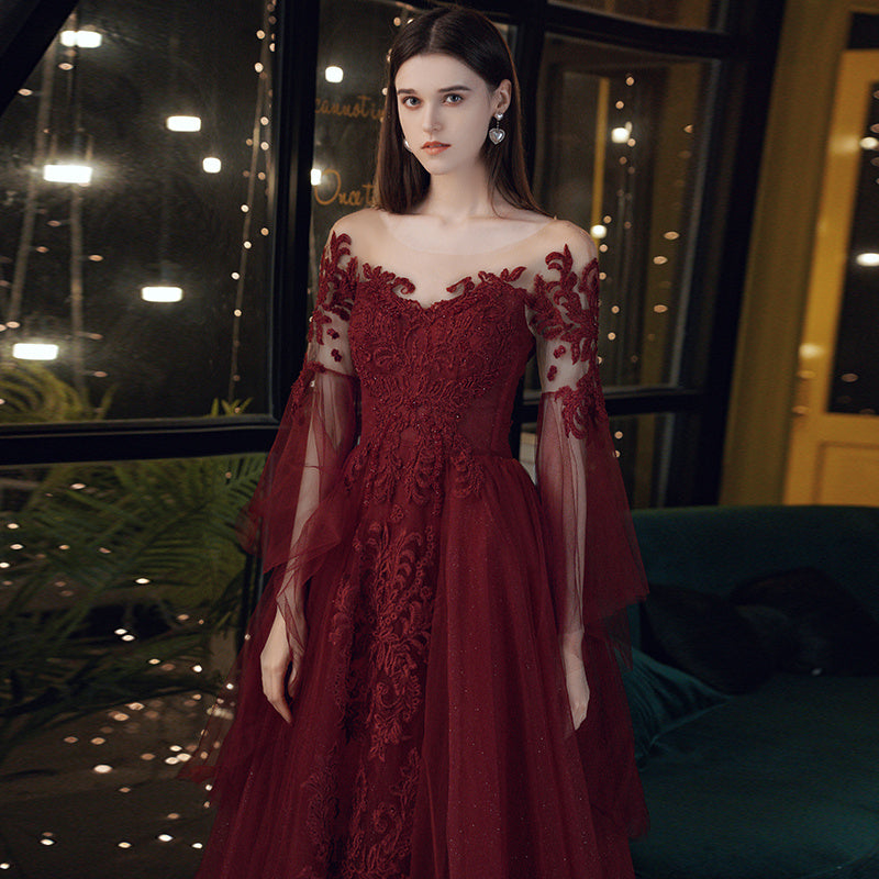 Robe de soirée en dentelle bordeaux pour femmes, mode tempérament