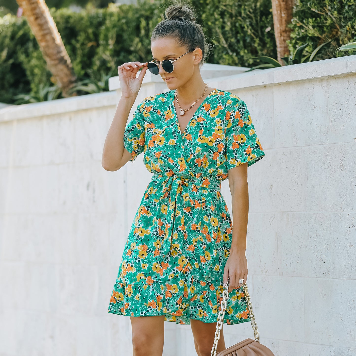 Vestido de gasa floral de manga corta para mujer