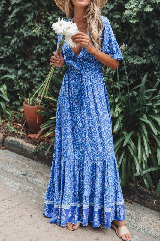 Vestido playero de verano con escote en V y manga corta para mujer, con estampado de posicionamiento de vacaciones, con borlas y cintura controlada con cordones