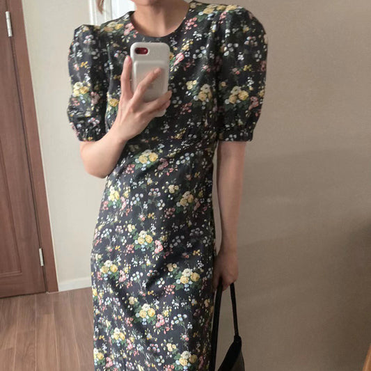 French Elegance Floral Puff Sleeve Dress