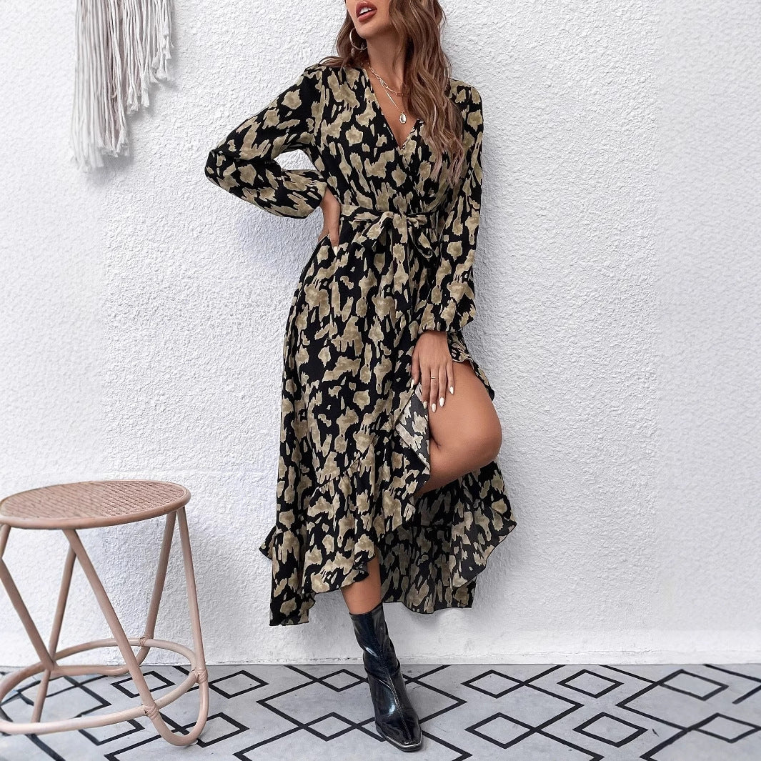 V-neck Leopard Print Lace-up Dress Women