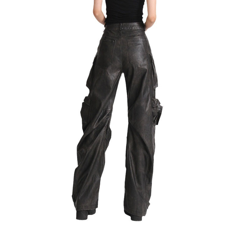 Fashion Unique Design Pocket High Waist Wide Leg Solid Color American PU Overalls