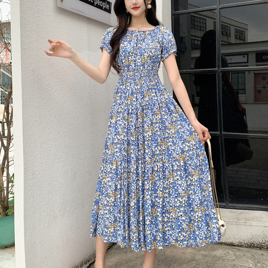 Travel Beach Off-neck Cotton Silk Floral Dress