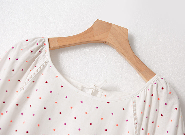 Robe d'été mignonne en coton et lin brodée à pois français