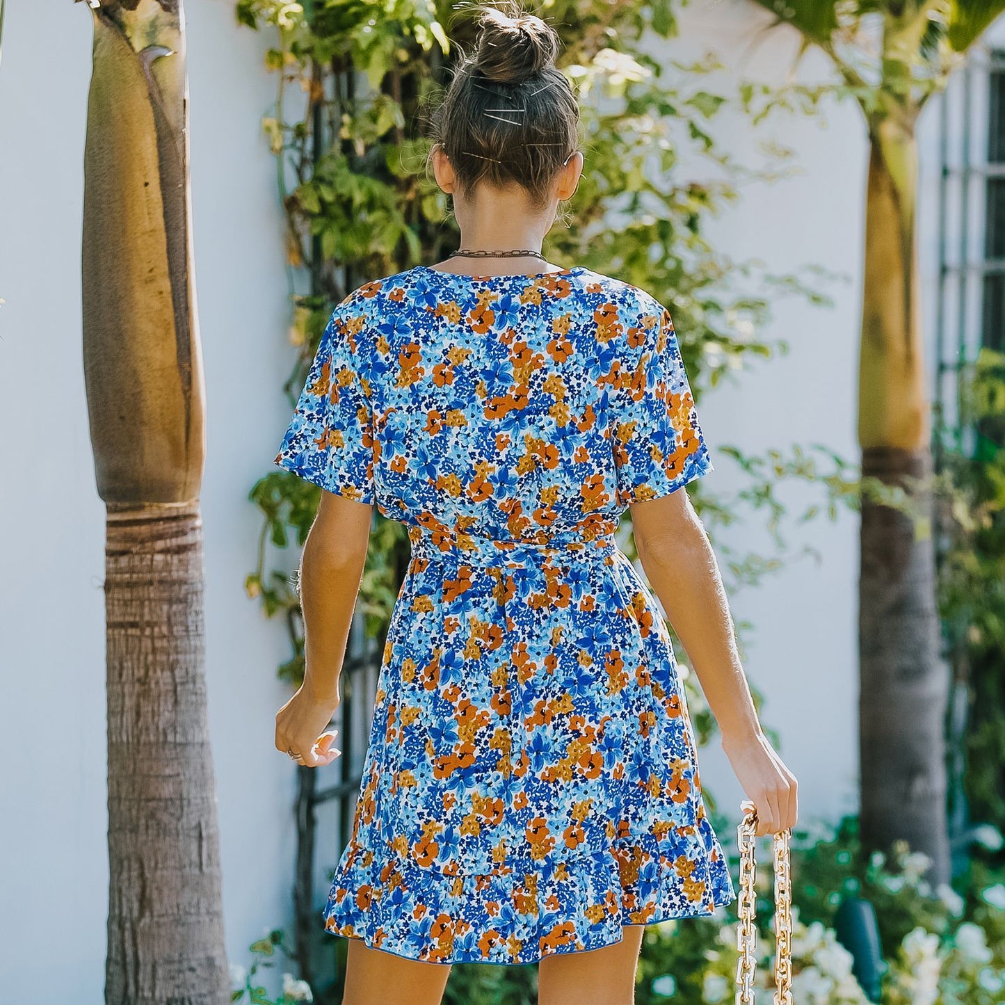 Vestido de gasa floral de manga corta para mujer