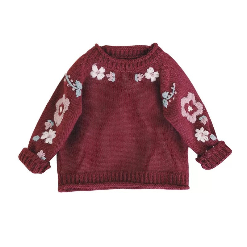 Pull fait main à fleurs pour filles, tricot en pur coton pour bébé