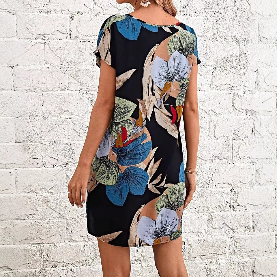 Short Sleeve V-neck Printed Dress Women