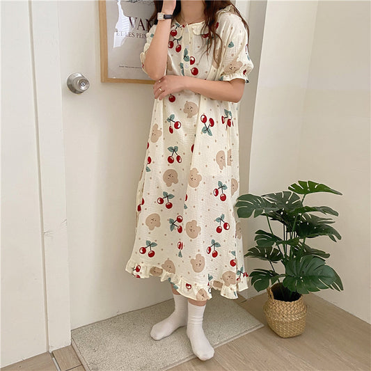 Women's Pajamas Sweet And Cute Big Cherry Print Loose Homewear Nightdress Dress