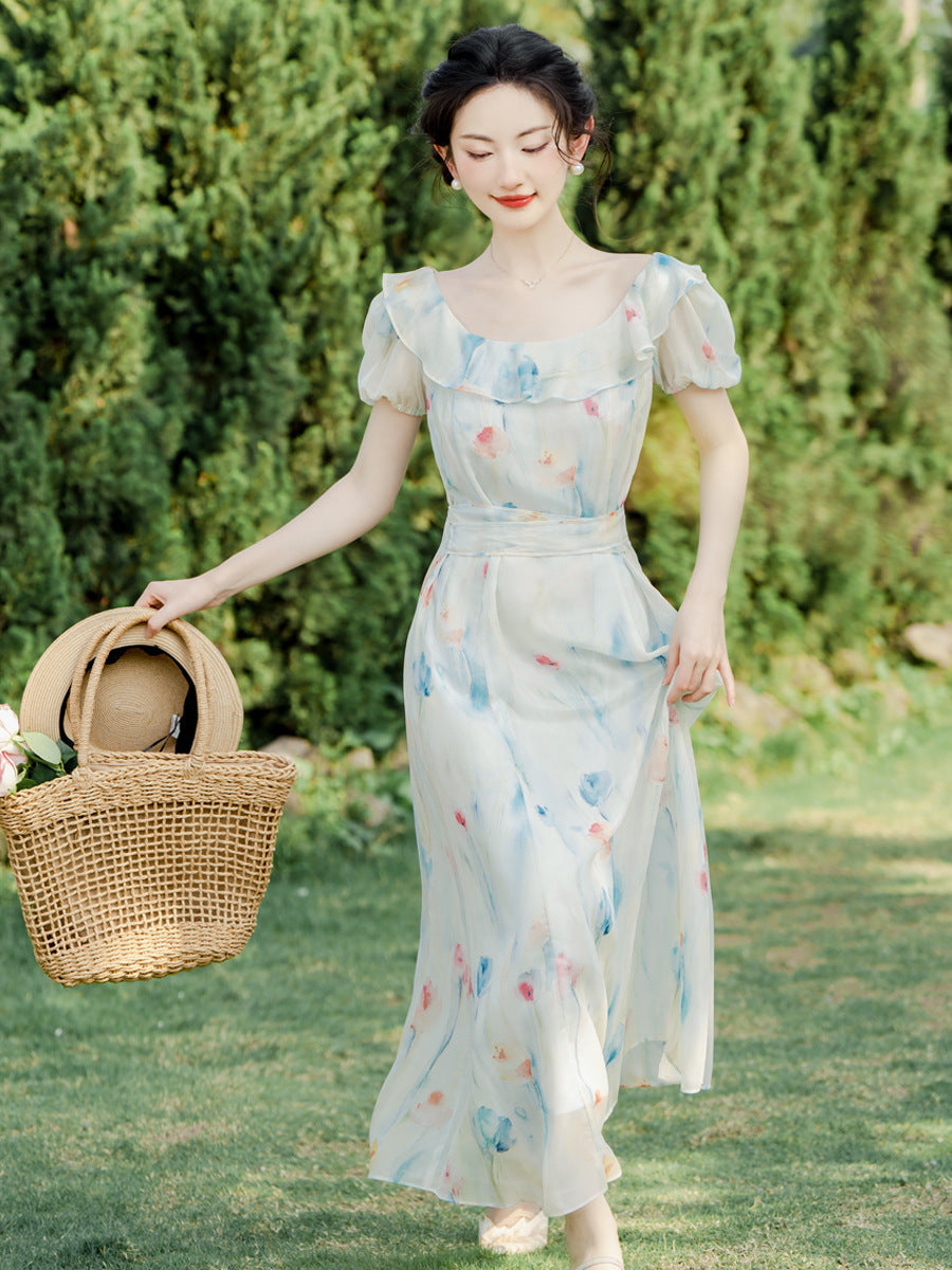 Vestido de gasa con estampado floral francés para mujer