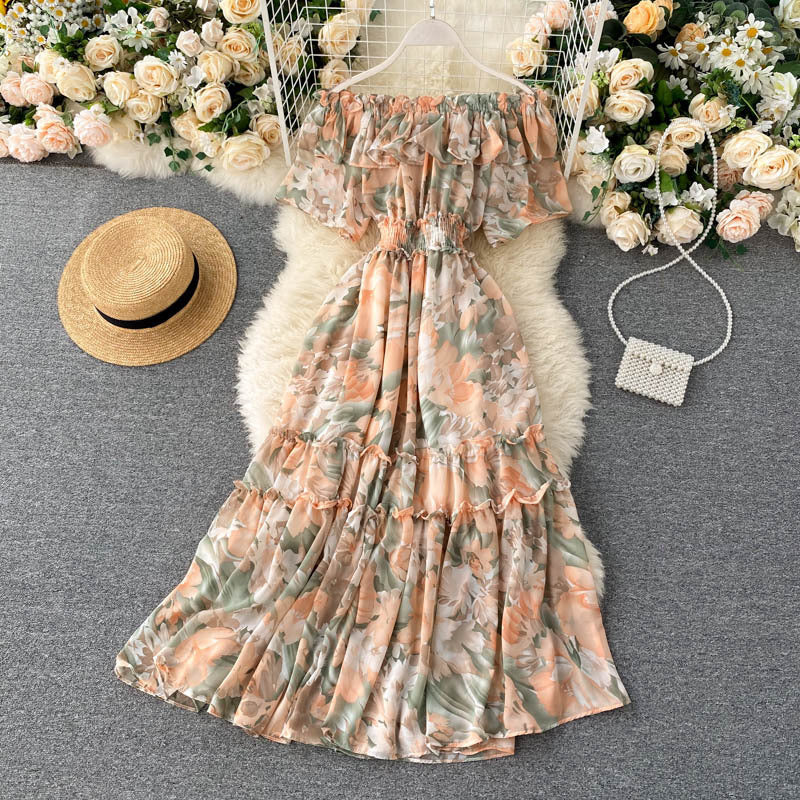 Chiffon Summer Skirt Floral Neckline Dress