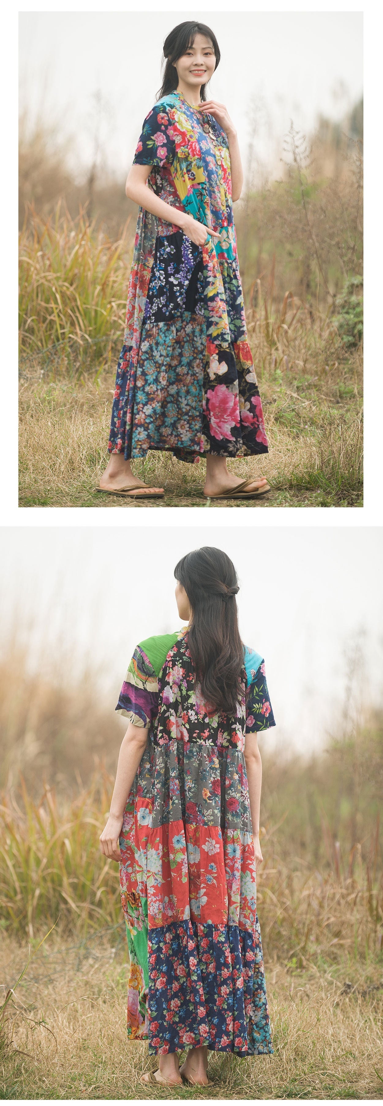 Summer Cotton Printed Ethnic Style Color Contrast Patchwork Pastoral Short Sleeve Dress