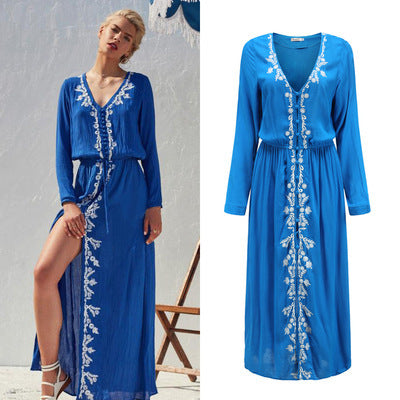 Women's Embroidered Flower V-Neck Long Dress