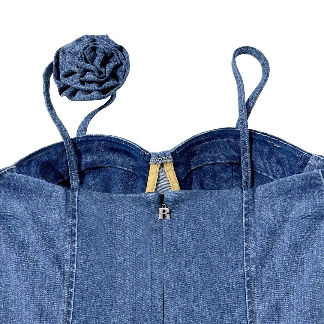 Robe en jean moulante à la taille pour femmes, décoration florale tridimensionnelle