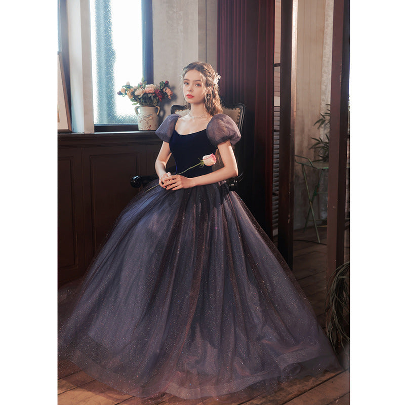 Blue Bubble Sleeve Wedding Dress Banquet Evening Dress Bride Toast Dress