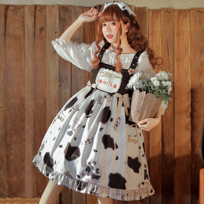 Dulce y grasoso leche dulce lolita falda diaria cintura alta lindo dulce lolita jsk vestido con tirantes falda ligera