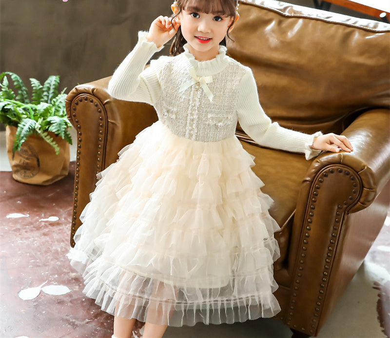 Girls Sweater Stitching Knitted Woolen Skirt