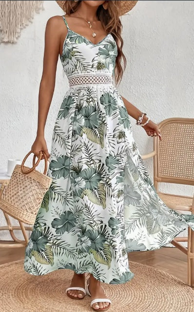 Womens Spring Summer Chic Maxi Dress - Adjustable Spaghetti Straps, Floral Print, Elegant High Slit - Versatile Day-to-Night Wear