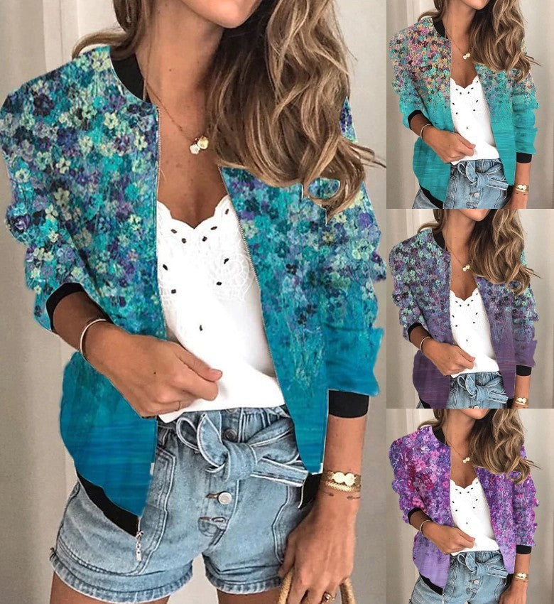 Women's Zipper Short Floral Long-sleeved Jacket Plus Size Clothing