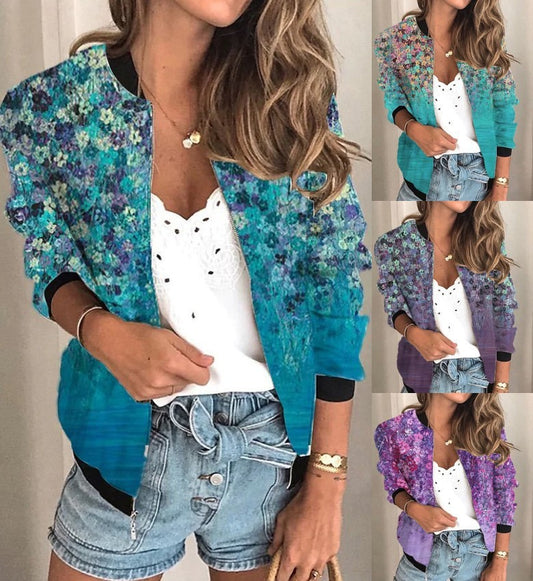 Chaqueta corta floral de manga larga con cremallera para mujer Ropa de talla grande