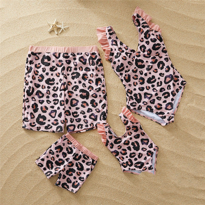 Maillot de bain parent-enfant à imprimé léopard rose simple à la mode