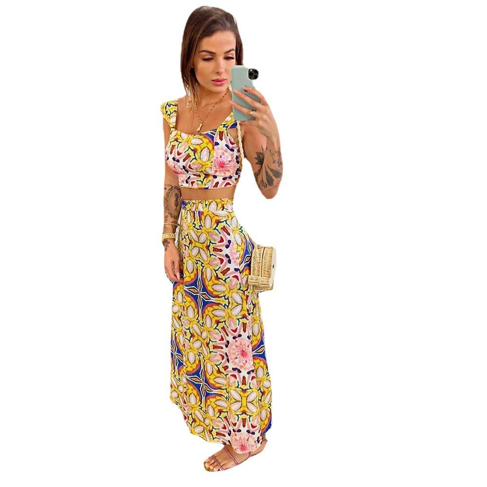 Clothing Sexy Temperament Spaghetti-strap Floral Print Dress Suit Beach