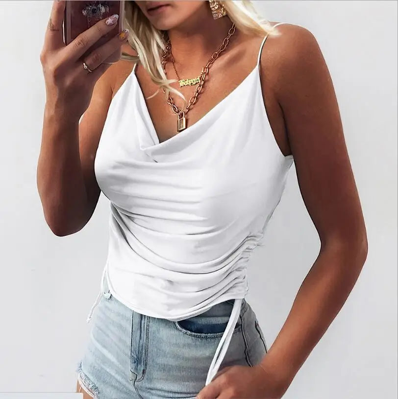 Women Tank Top V Neck Camisole Cami Drawstring Spaghetti Strap Top Loose Sleeveless Blouses Tank Shirt Summer Crop Top