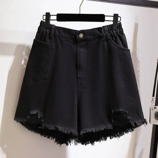 150Kg Plus Size Women's Summer Thin High-Waisted Straight Denim Shorts 5XL 6XL 7XL 8XL 9XL Loose Ripped Raw Edge Wide-Leg Shorts